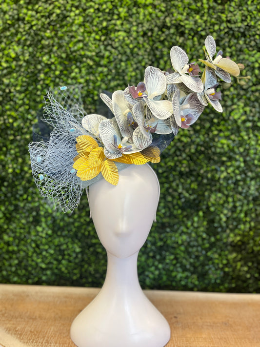 Handmade Violet Orchid with Gold  Leaf Embellishment Fascinator Hat
