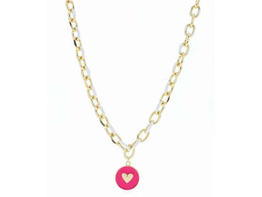 White Enamel Chain and Hot Pink Enamel Disc with Gold Heart Necklace