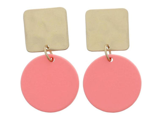 Gold Hammered Square Post with Coral Circle Earrings