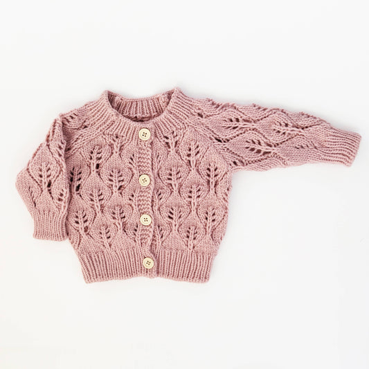 Leaf Lace Hand Knit Cardigan Sweater Rosy Pink 6-12 Months