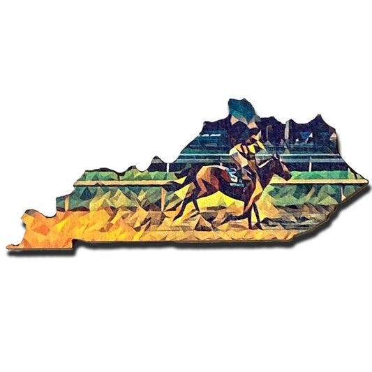Layne Wilson - Derby Horse and Jockey Kentucky Shaped Wooden Magnet