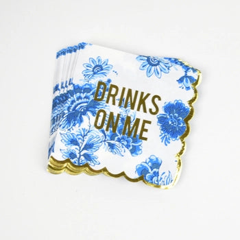 Blue Floral Paper Beverage Napkins