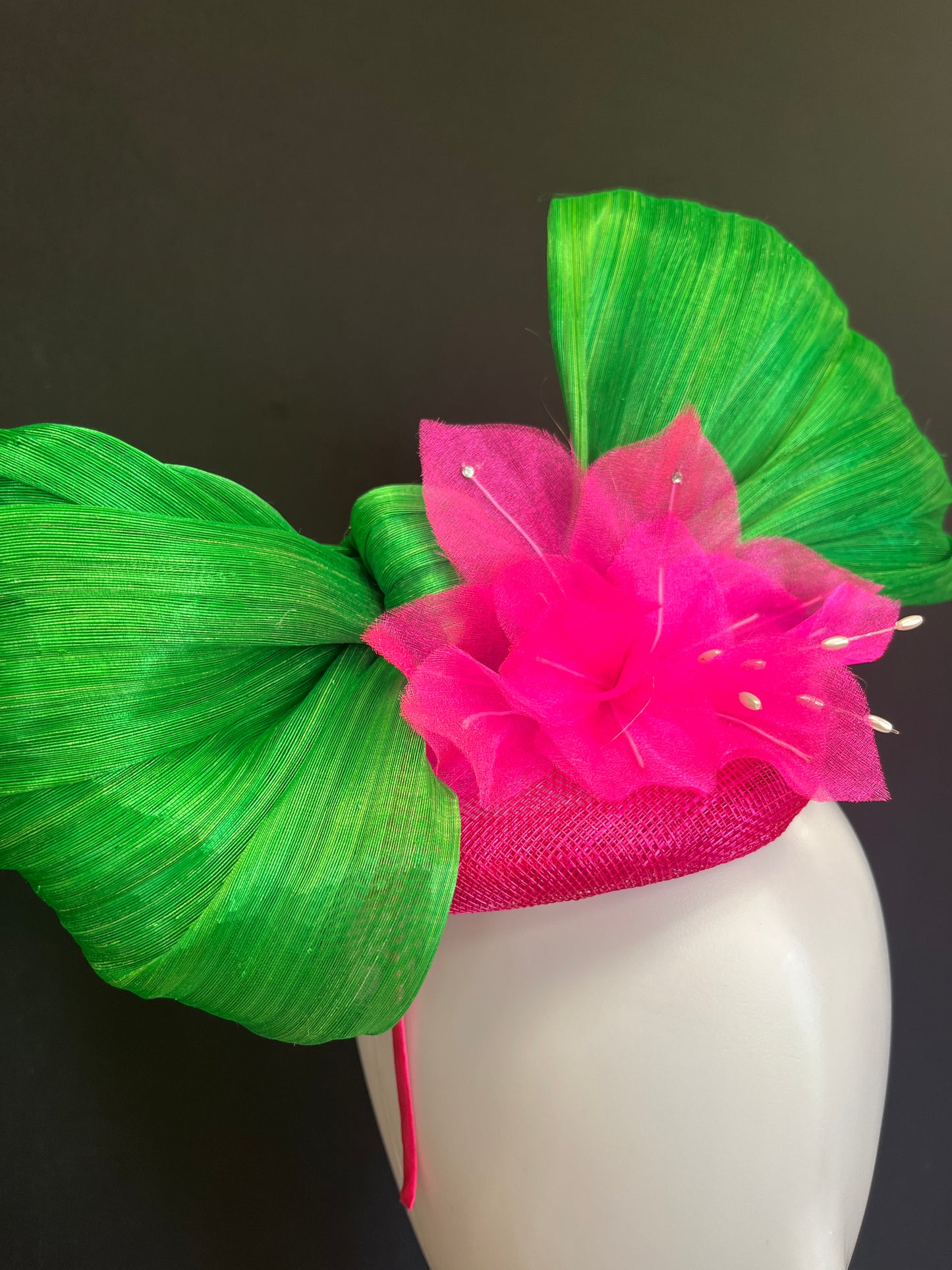 Handcrafted Emerald Green and Pink Fascinator Hat