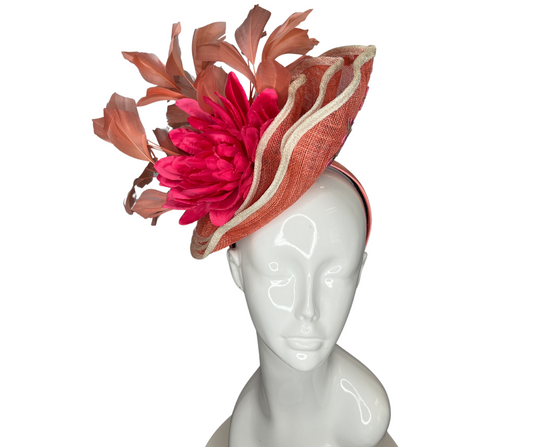 Peach Feather and Pink Floral Fascinator Hat