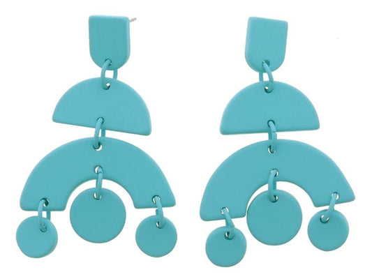 Teal U Post and Tiered Half Circles with Circle Dangles Earrings