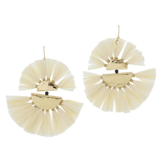 Tierred Gold Hammered Half Circles with Fanned Out Ivory Raffia Earrings, 2.5" Top to Bottom