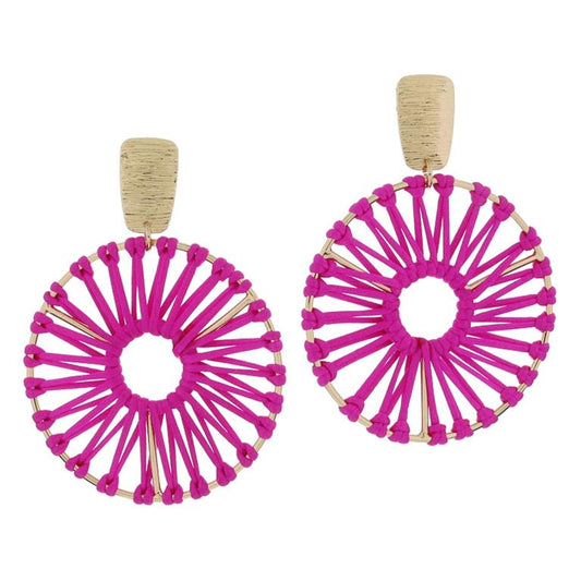 Gold Textured Rectangular Post with Fuchsia Cord Wrapped Wide Circle Earrings, 2.85" Top to Bottom