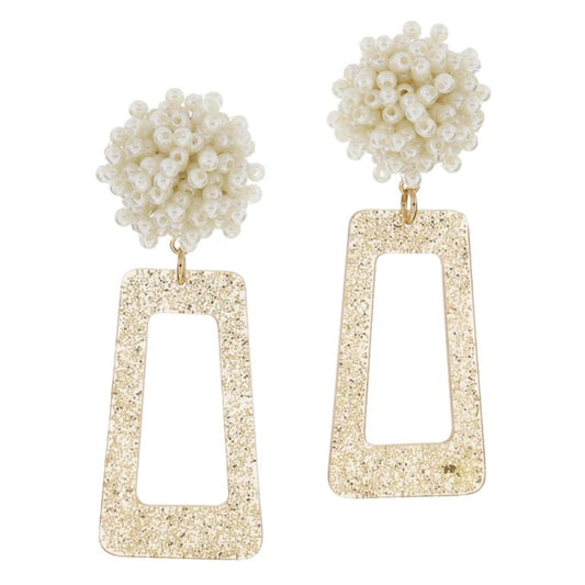 Mini Pearl Pom Post with Rose Gold Glitter Resin Open Trapezoid Earrings