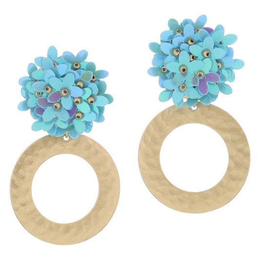 Iridiescent Turquoise Flower Pom Post with Gold Hammered Open Circle Earrings