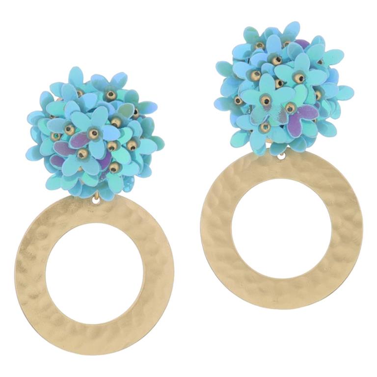 Iridiescent Turquoise Flower Pom Post with Gold Hammered Open Circle Earrings