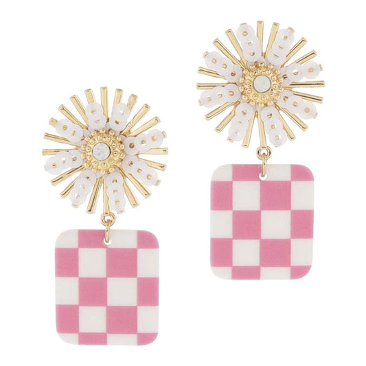 Gold Sunburst with Sequins & Moonstone Post with Pink Checkered Square Earring