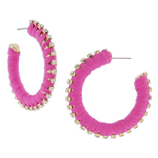 Hot Pink Raffia Wrapped Tubular Hoop with Mini Crystal Studs Earrings, 1.75" Top to Bottom