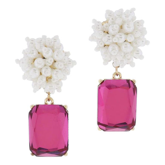 Pearl and White Beaded Pom Post with Large Fuchsia Emerald Crystal Earrings