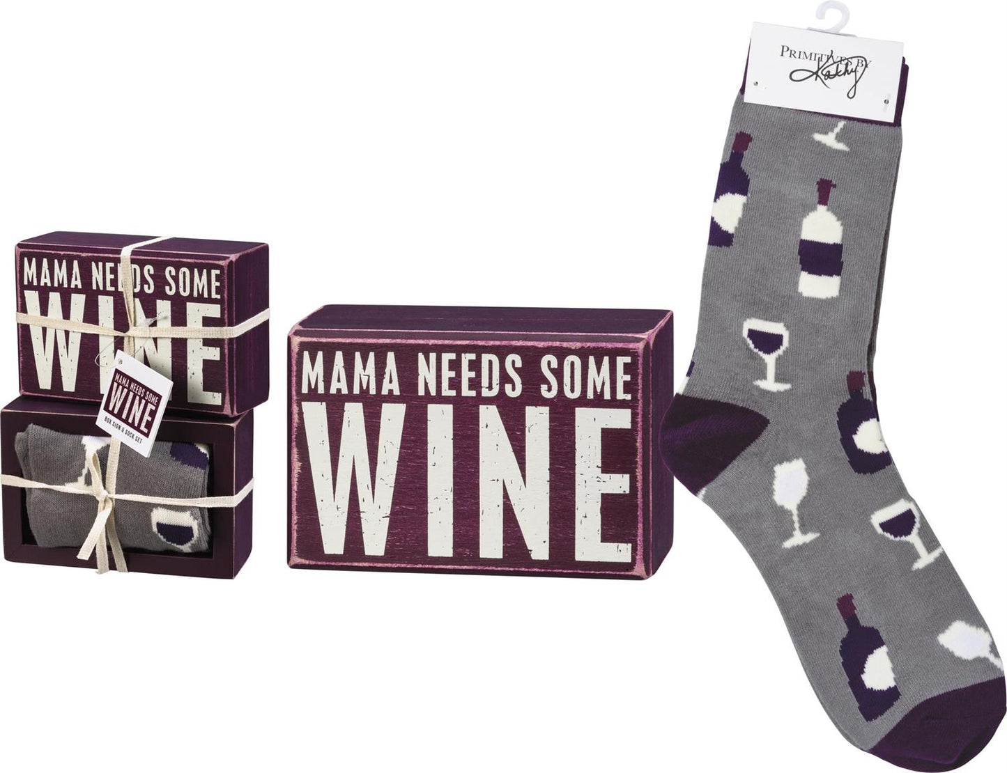 Mama Needs Some Wine Box Sign And Sock Set