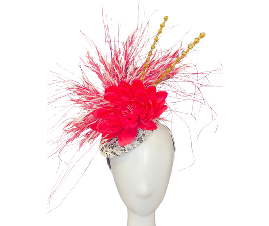 Hot Pink, Gold and Black and White Lace Fascinator