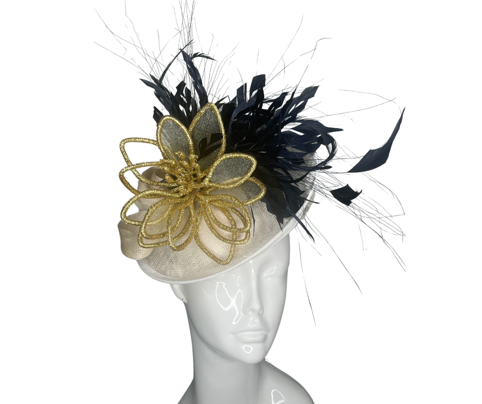 Cream, Navy and Gold Feather Fascinator Hat