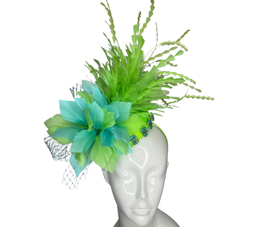 Green with Light Blue Feathers Fascinator Hat