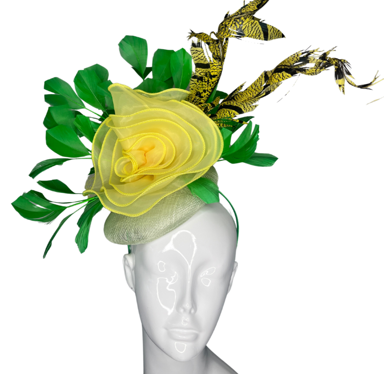 Elegant Yellow Rose Bright Green Feathers Fascinator