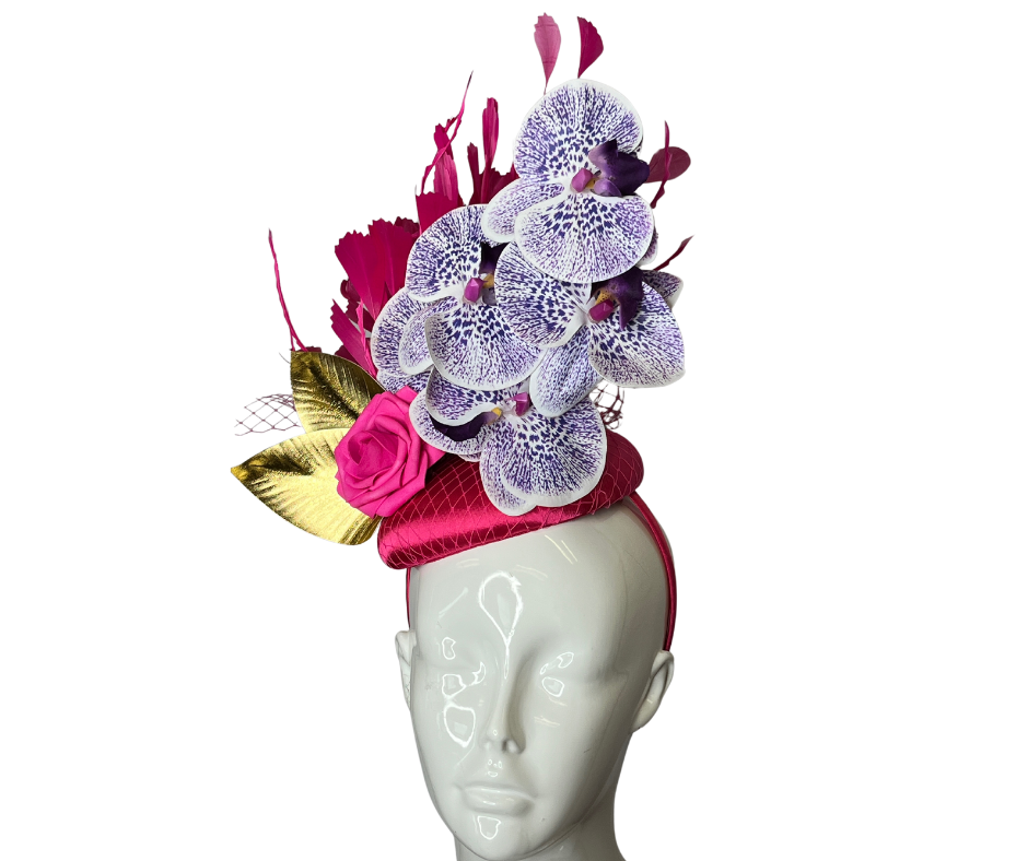 Hot Pink Feather and Purple Orchids Fascinator Hat