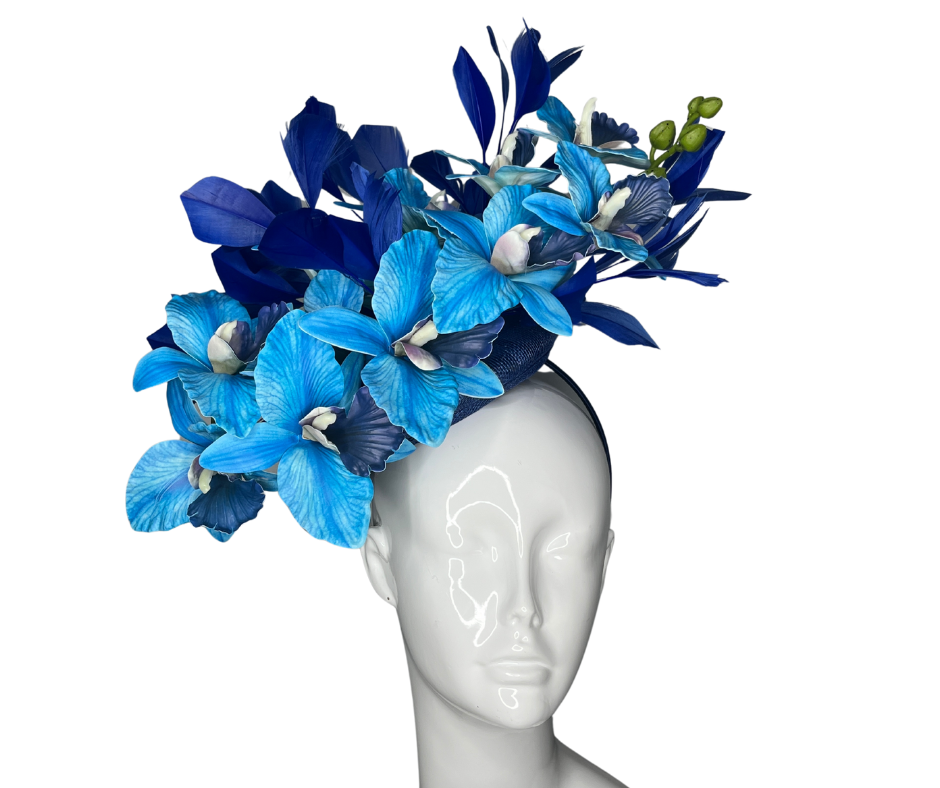 Royal Blue Orchid Fascinator – Elegant Derby & Special Event Headpiece