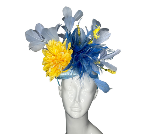 Royal Blue Feathers and Yellow Floral Fascinator Hat