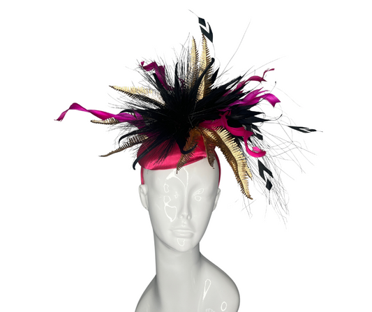 Elegant Pink & Black Feather Fascinator – Derby Hat, Wedding Headpiece, Tea Party Hat