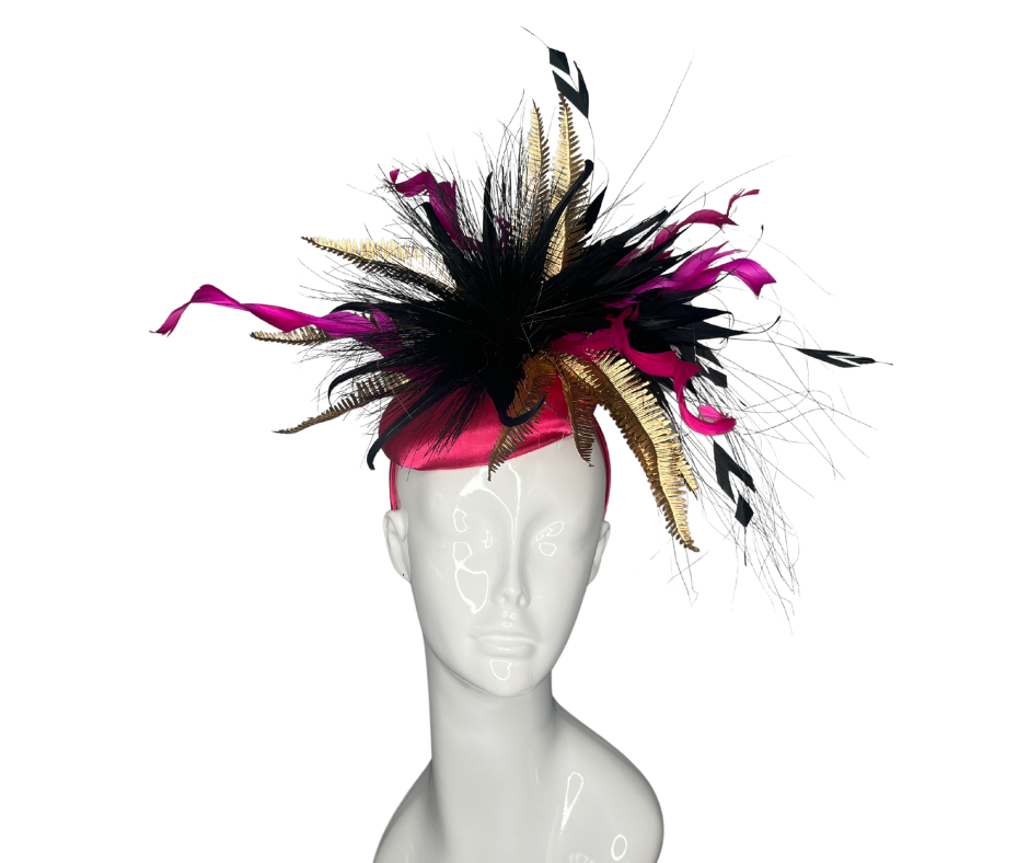 Elegant Pink & Black Feather Fascinator – Derby Hat, Wedding Headpiece, Tea Party Hat