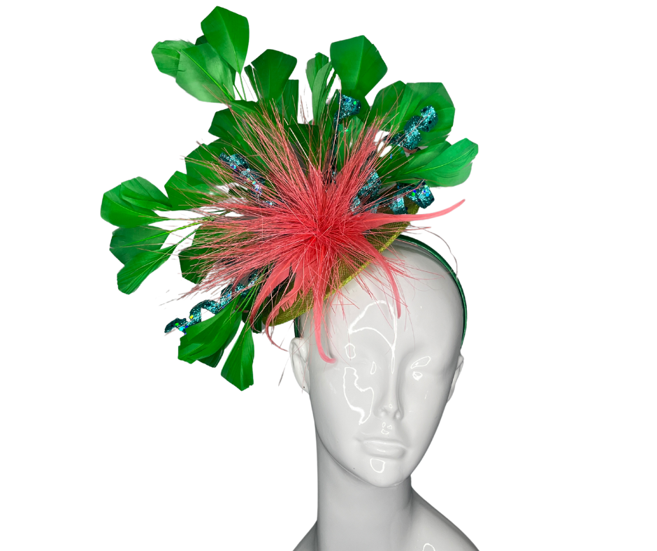 Emerald Green Feathers with Coral Feather Flower Turquoise Embellishment Fascinator Hat