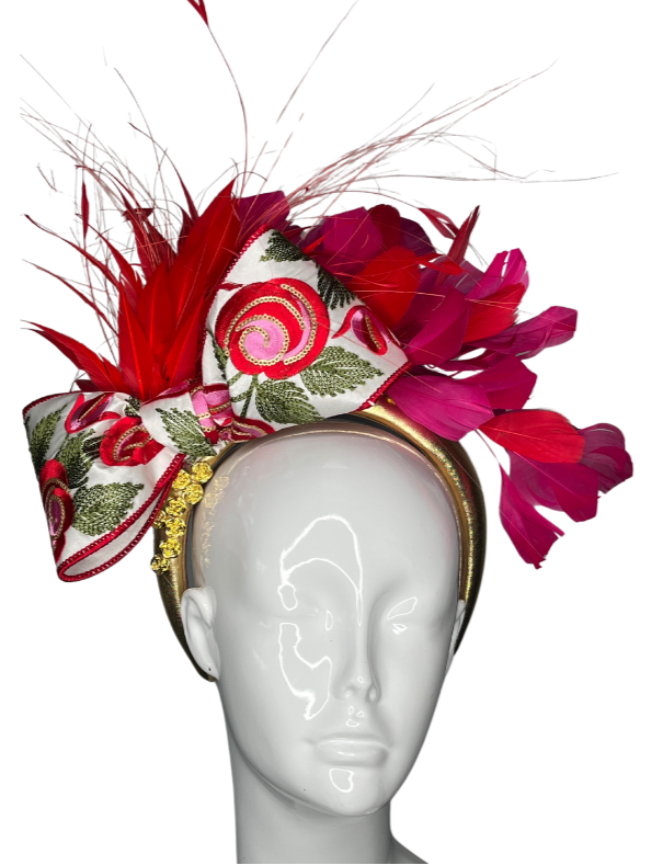 Rosette Royale Red Dark Pink  and Gold Statement Fascinator