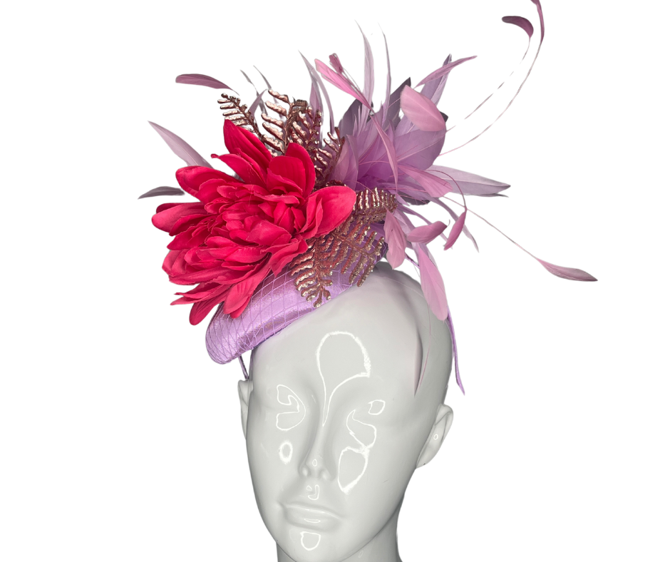 Bold Fuchsia and Lilac Statement Fascinator with Floral and Feather Accents