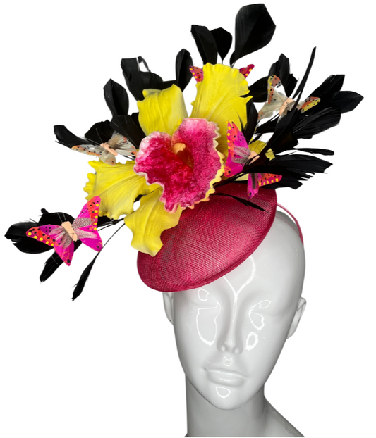 Bold Orchid & Butterfly Fascinator  Pink and Yellow Statement Hat