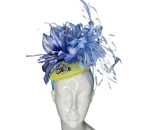 Title: Elegant Blue and Yellow  Feather Fascinator  Statement Hat for Derby, Weddings and Special Events