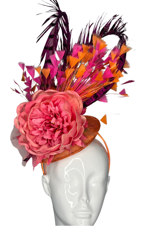 Vibrant Pink Pheasant Feathers and Orange Feathered Fascinator