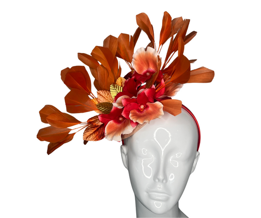 Ember Elegance Orchid and  Feather Fascinator