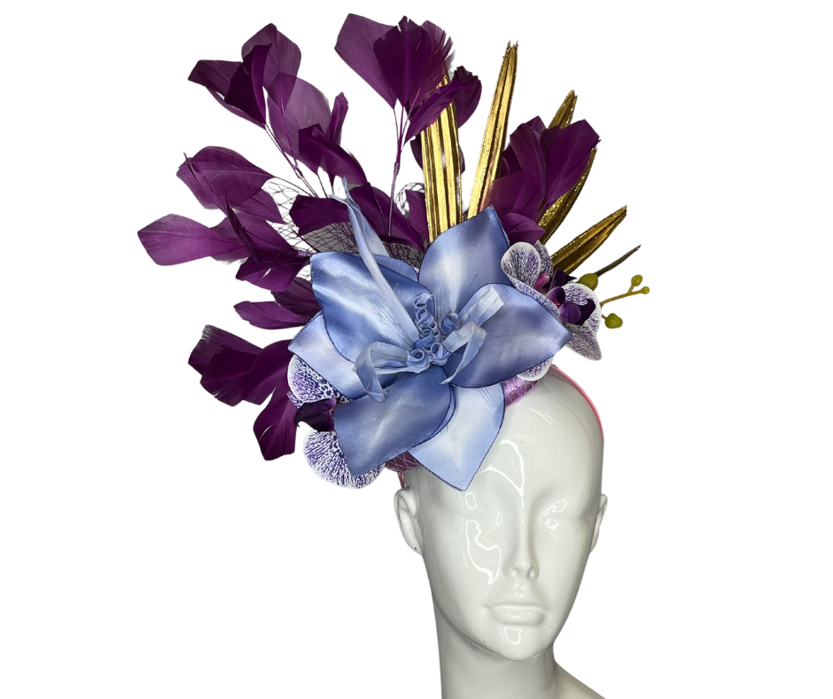 Blue Purple Floral with Dark Purple Feathers Gold Accents Fascinator Hat