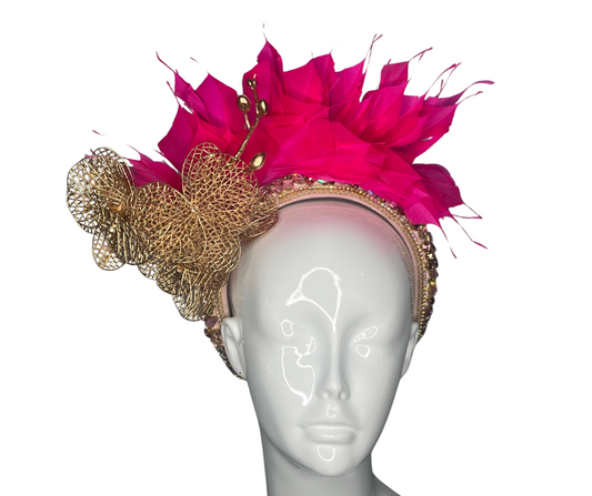 Luxury Pink Feather and Gold Orchid Fascinator Headpiece