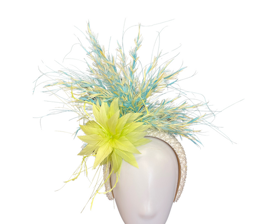 Yellow Green & Light Blue Fascinator Hat