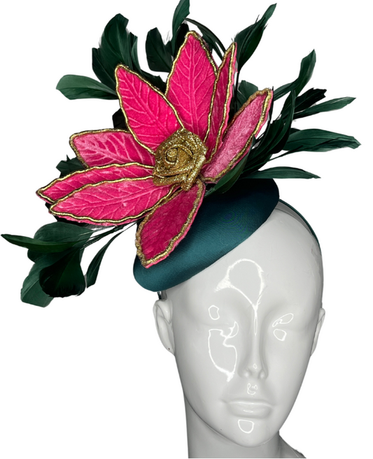 Enchanted Bloom Fascinator Emerald and Hot Pink Floral Statement Hat