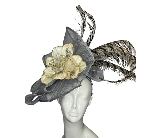 Neutral Light Slate Grey Cream Floral and Pheasant Feather Fascinator Hat