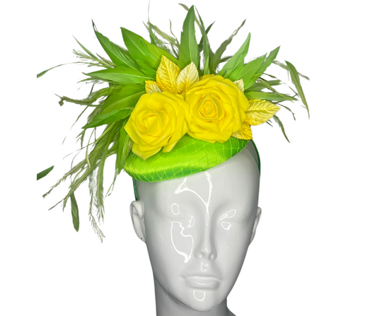 Lush Lemon Rose and Green Feather Fascinator Vibrant Statement Headpiece