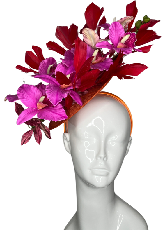 Bold Red and Pink Orchid Fascinator  Statement Floral Headpiece for Derby and Special Events