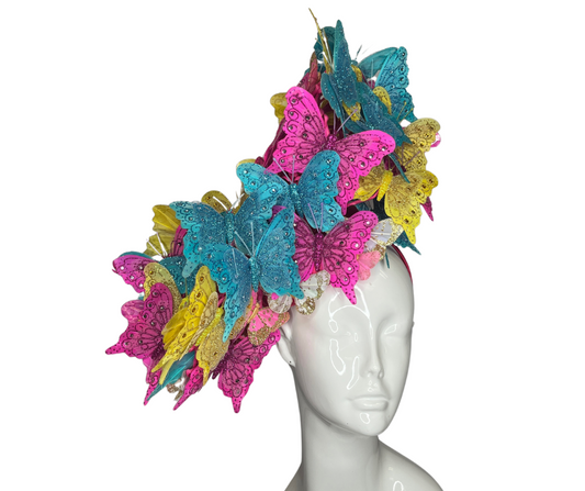 Turquoise, Yellow, and Hot Pink Glitter Butterfly Fascinator Hat