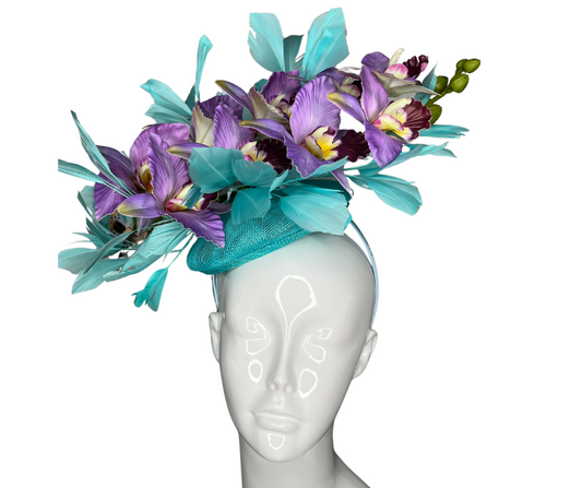 Elegant Teal and Purple Orchid Fascinator Floral Headpiece for Derby, Weddings  Special Events