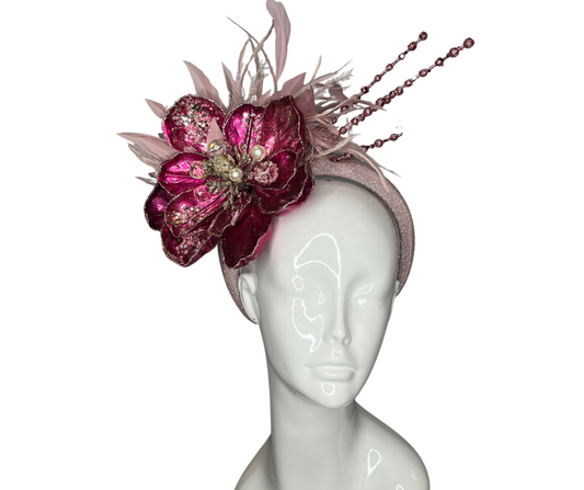 Magenta Flower, Pink Feathers and Pink Glitter Headband Fascinator