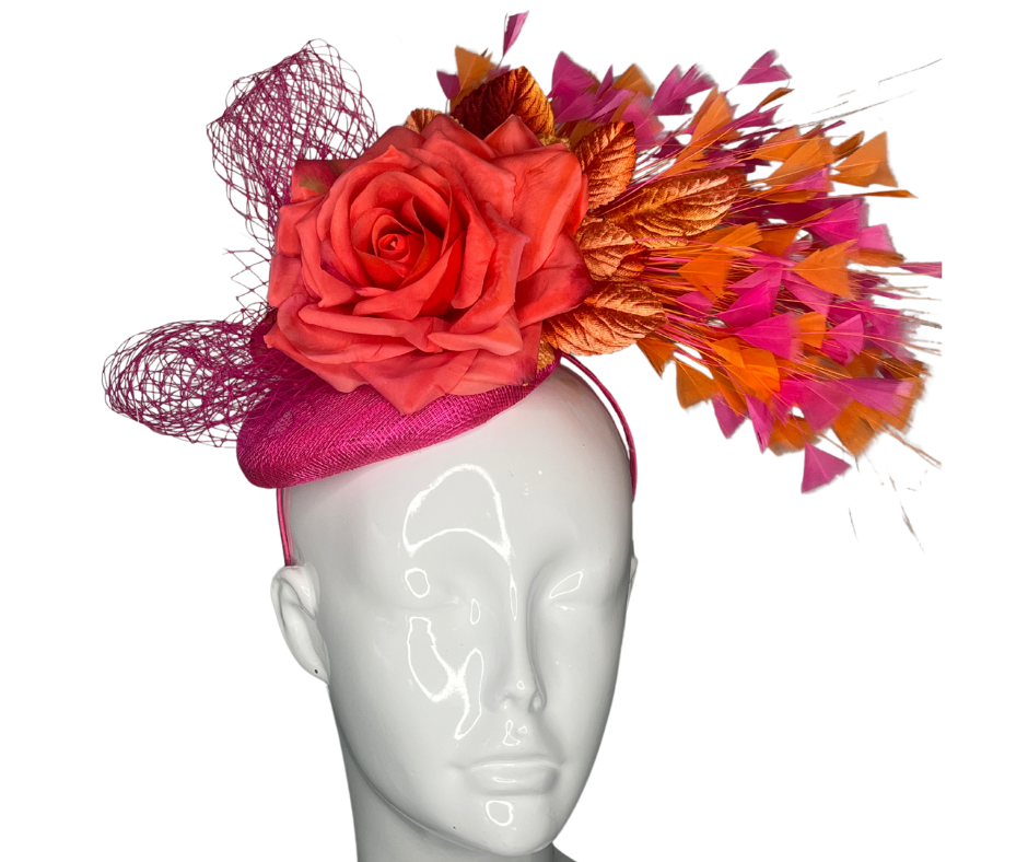 Fiery Rose and Feather Fascinator  Bold & Elegant Headpiece