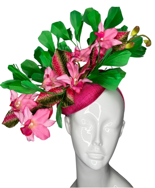 Tropical Pink Orchid Fascinator Vibrant Green & Floral Statement Piece