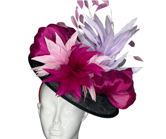 Dramatic Fuchsia & Black Fascinator – Derby Hat, Wedding Headpiece, Tea Party Hat