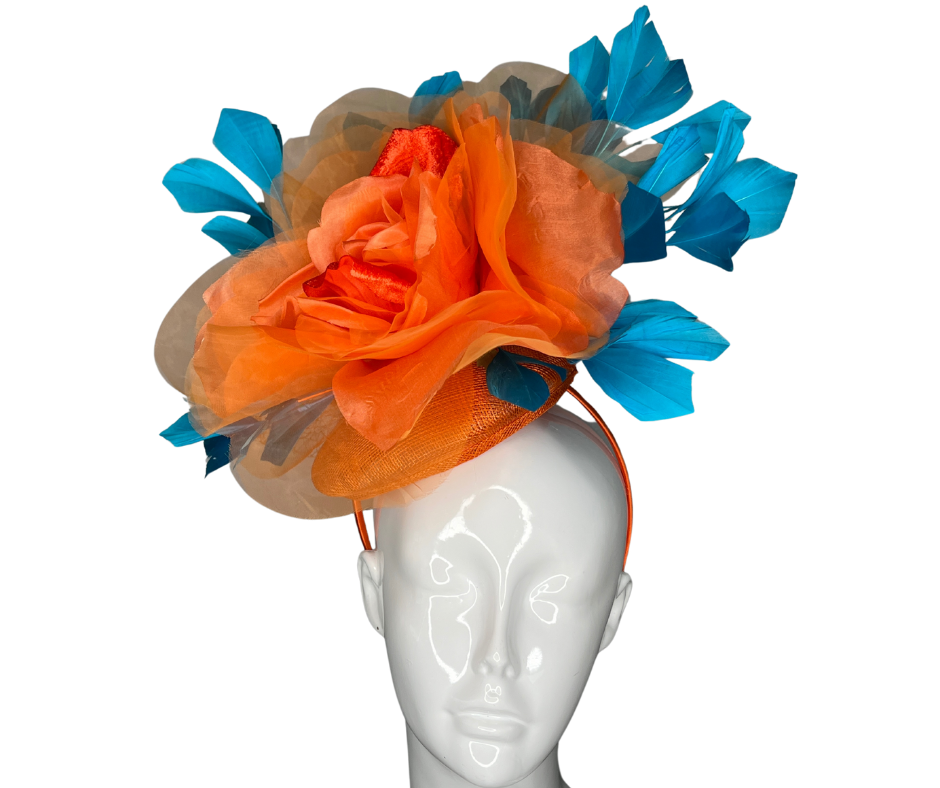 Bold Orange and Teal Fascinator  Statement Headpiece for Derby, Weddings and Special Events