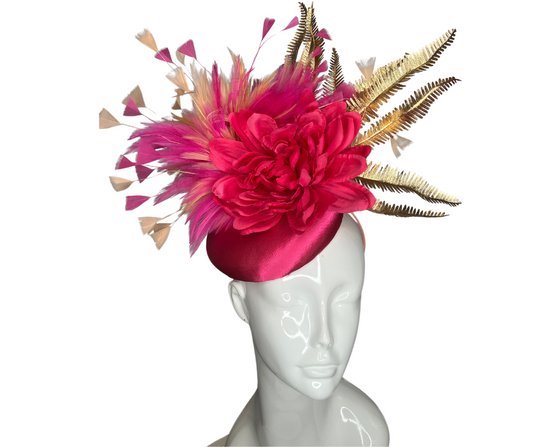 Hot Pink and Peach Feathers with Gold Embellishment Fascinator Hat