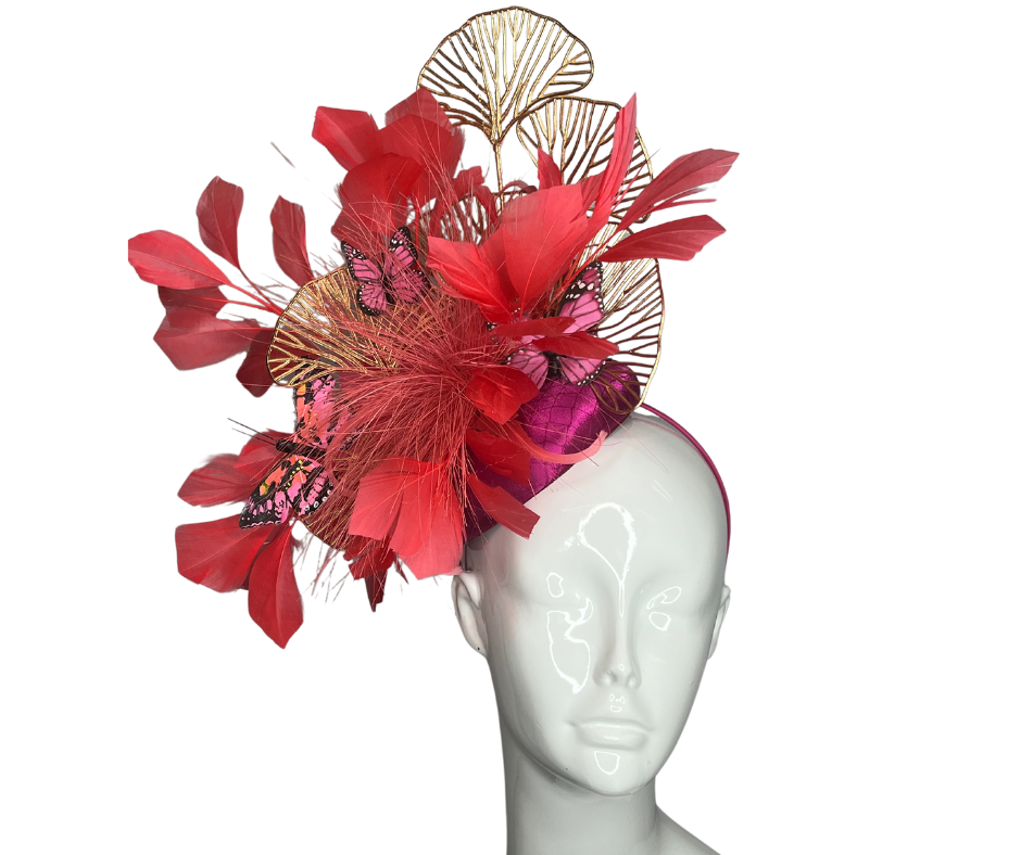 Magenta and Coral Feathers with Butterflies and Gold Gingko Fascinator Hat